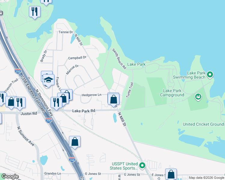 map of restaurants, bars, coffee shops, grocery stores, and more near 1901 Lakeview Circle in Lewisville