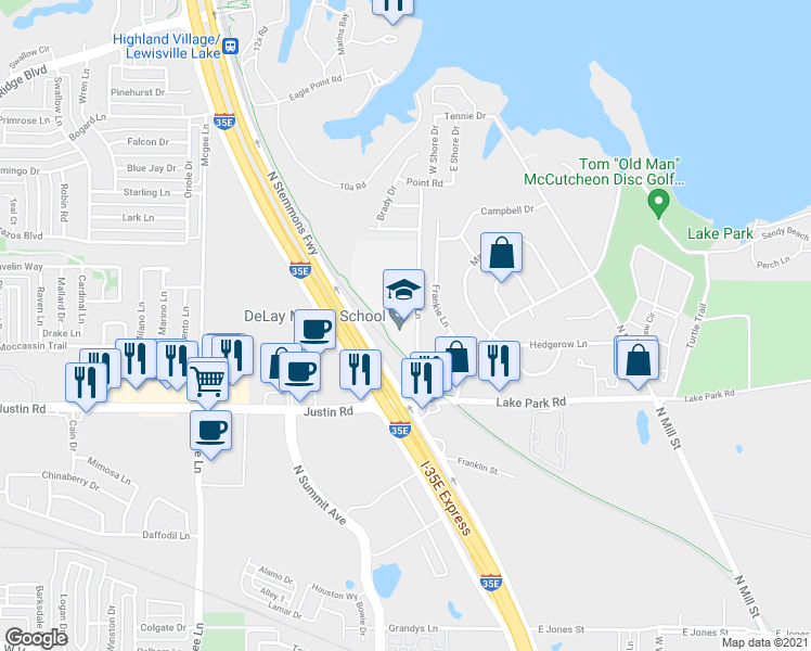 map of restaurants, bars, coffee shops, grocery stores, and more near 2103 Savage Lane in Lewisville