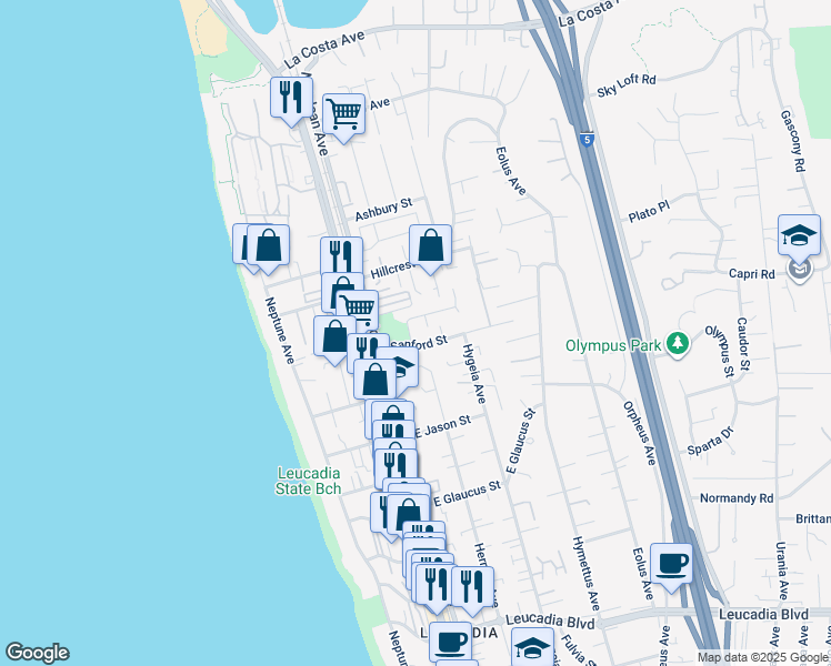 map of restaurants, bars, coffee shops, grocery stores, and more near 151 Rain Tree Drive in Encinitas