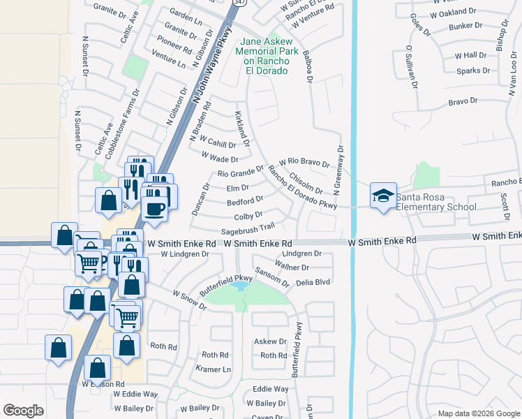 map of restaurants, bars, coffee shops, grocery stores, and more near 43598 Colby Drive in Maricopa