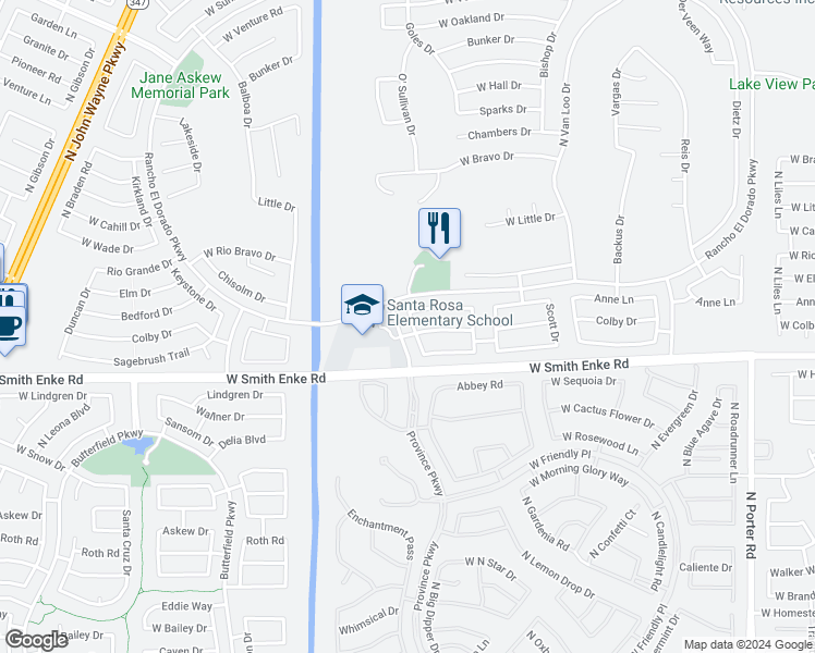 map of restaurants, bars, coffee shops, grocery stores, and more near 21382 Reinbold Drive in Maricopa