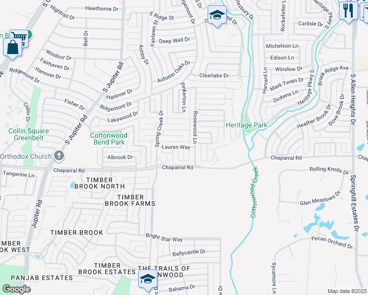 map of restaurants, bars, coffee shops, grocery stores, and more near 900 Basil Court in Allen