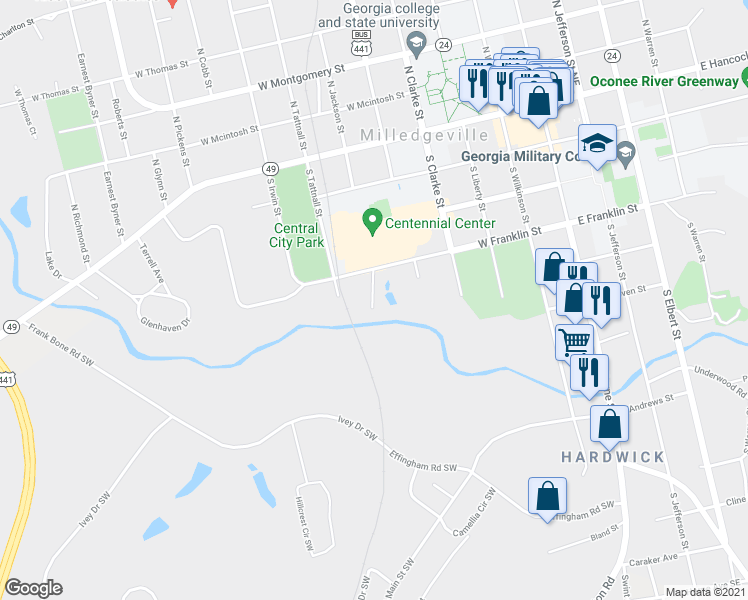 map of restaurants, bars, coffee shops, grocery stores, and more near S Clarke St in Milledgeville