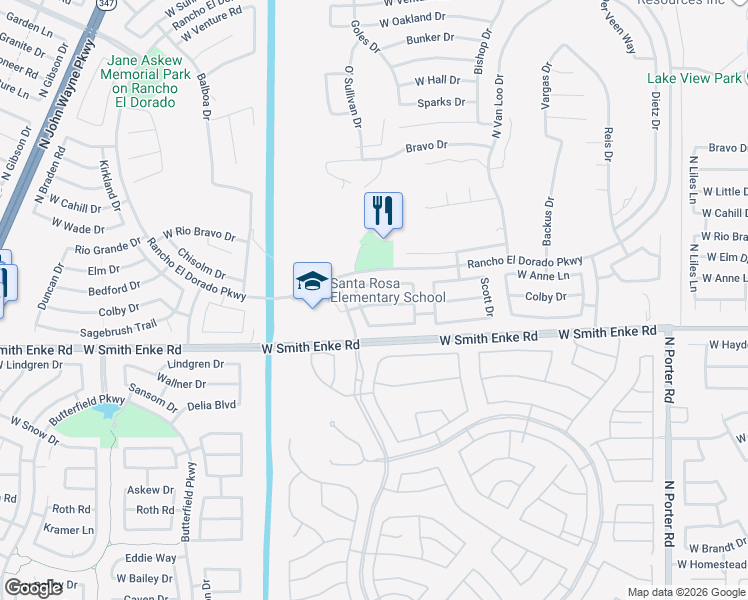 map of restaurants, bars, coffee shops, grocery stores, and more near 42670 Colby Drive in Maricopa