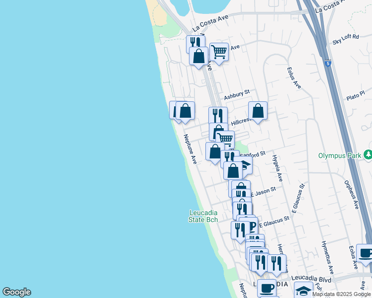 map of restaurants, bars, coffee shops, grocery stores, and more near 1500 Neptune Avenue in Encinitas
