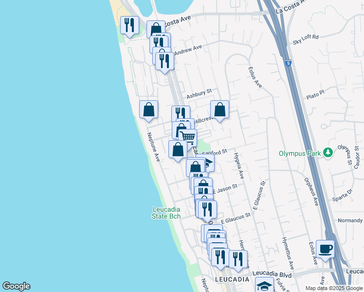 map of restaurants, bars, coffee shops, grocery stores, and more near 1500 North Coast Highway 101 in Encinitas
