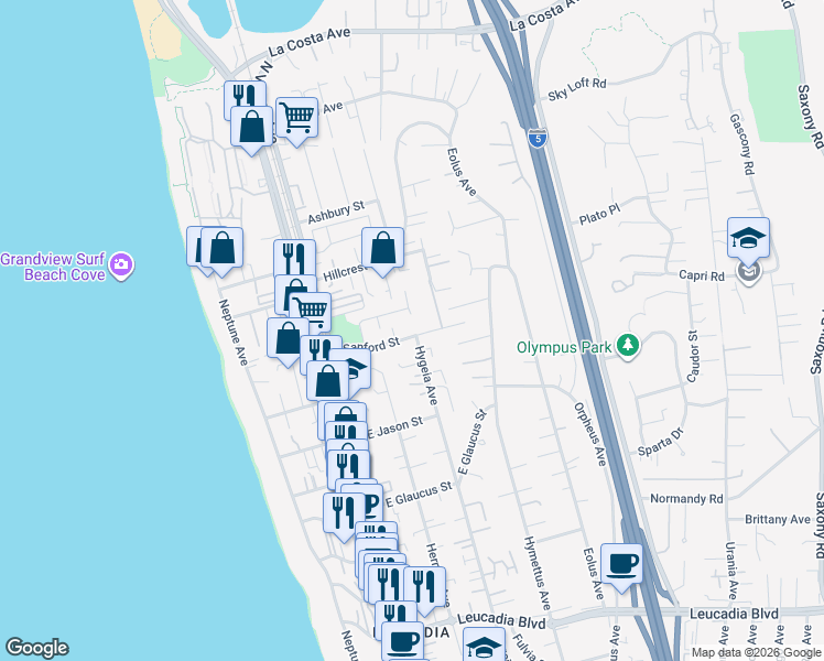 map of restaurants, bars, coffee shops, grocery stores, and more near 278 Sanford Street in Encinitas