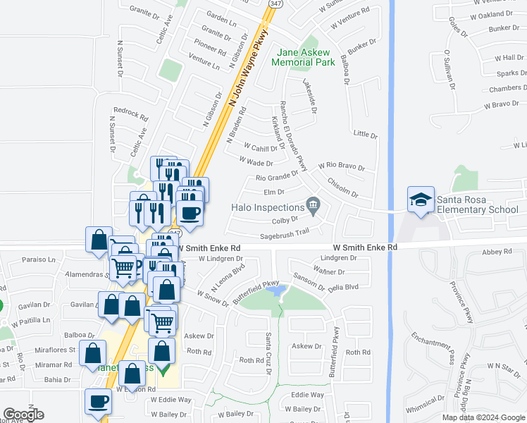 map of restaurants, bars, coffee shops, grocery stores, and more near 43837 Bedford Drive in Maricopa