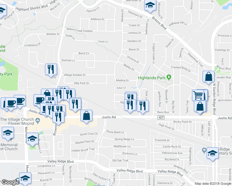 map of restaurants, bars, coffee shops, grocery stores, and more near 605 Highland Meadows Drive in Lewisville