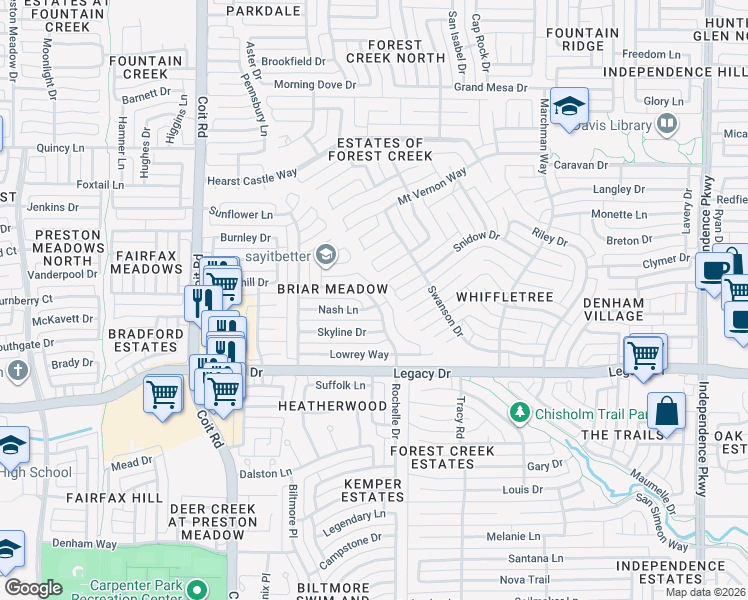 map of restaurants, bars, coffee shops, grocery stores, and more near 3725 Stoneway Drive in Plano