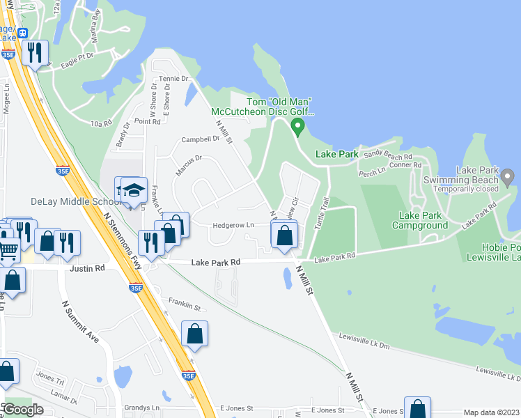map of restaurants, bars, coffee shops, grocery stores, and more near 110 Old Mill Circle in Lewisville