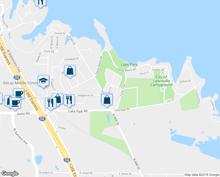 map of restaurants, bars, coffee shops, grocery stores, and more near 2001 Lakeview Circle in Lewisville