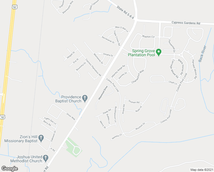 map of restaurants, bars, coffee shops, grocery stores, and more near 208 Maywood Drive in Moncks Corner