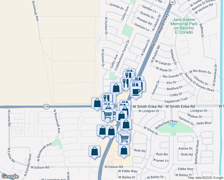 map of restaurants, bars, coffee shops, grocery stores, and more near 21499 Greenland Park Drive in Maricopa