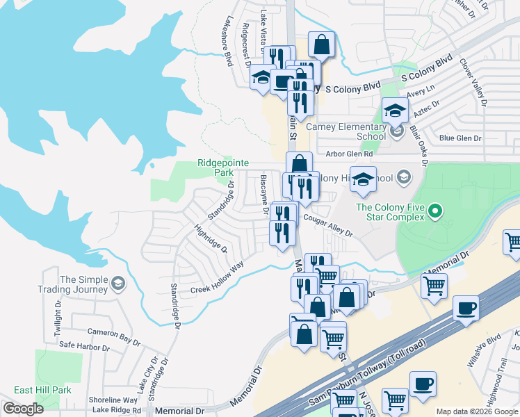 map of restaurants, bars, coffee shops, grocery stores, and more near 4304 Cape Cod Drive in The Colony