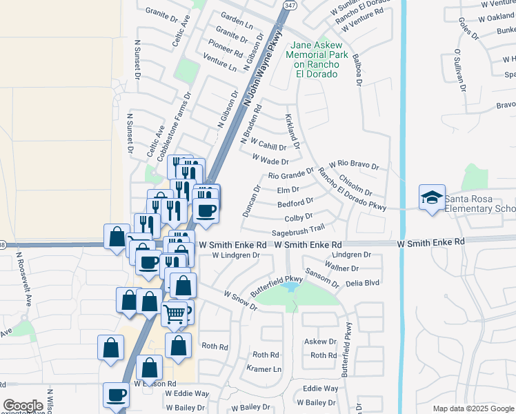 map of restaurants, bars, coffee shops, grocery stores, and more near 43917 Bedford Drive in Maricopa