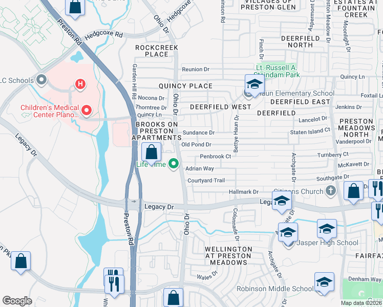 map of restaurants, bars, coffee shops, grocery stores, and more near 4680 Old Pond Drive in Plano