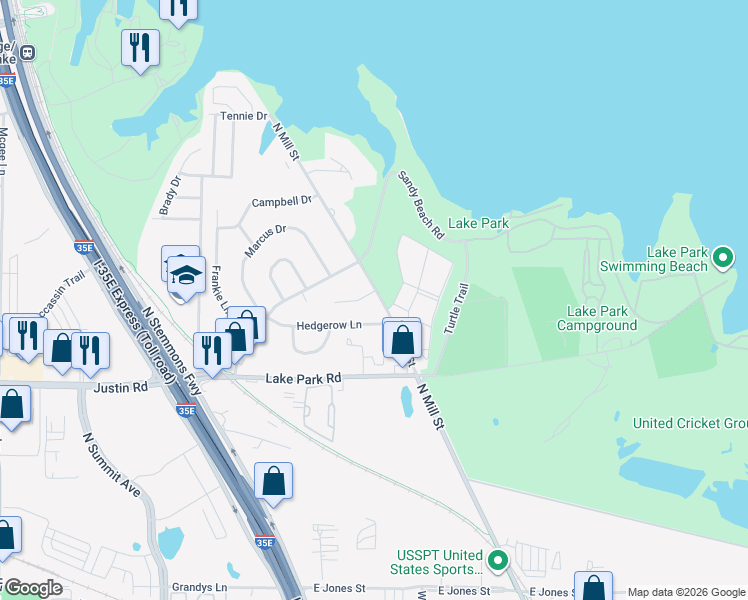 map of restaurants, bars, coffee shops, grocery stores, and more near 2101 North Mill Street in Lewisville