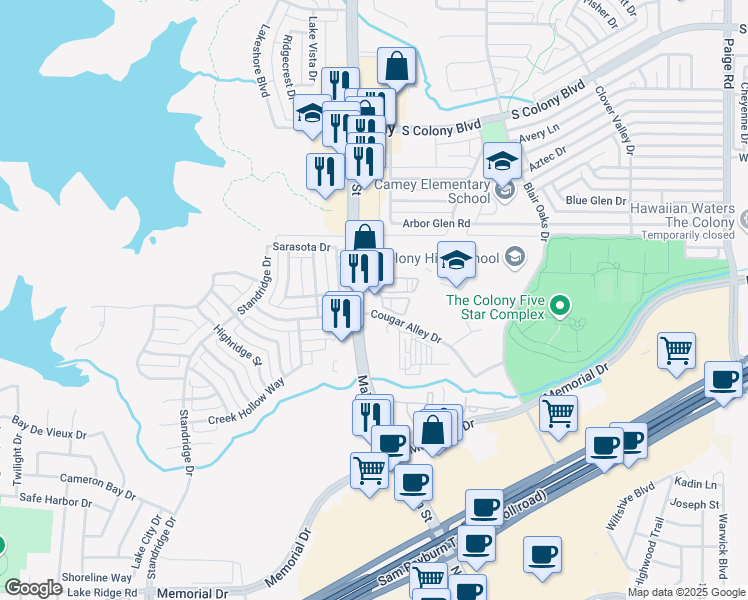 map of restaurants, bars, coffee shops, grocery stores, and more near 4316 Main Street in The Colony