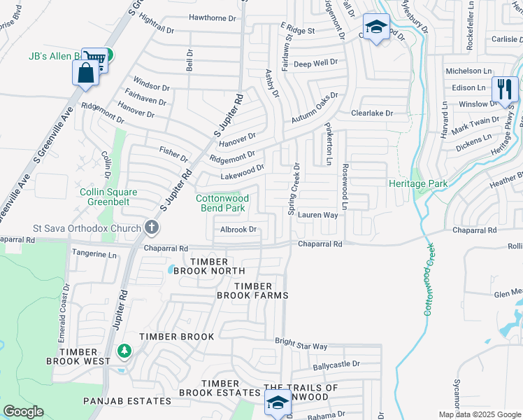 map of restaurants, bars, coffee shops, grocery stores, and more near 1411 Spring Street in Allen