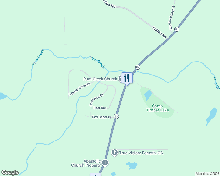 map of restaurants, bars, coffee shops, grocery stores, and more near Cedar Creek Drive in Forsyth