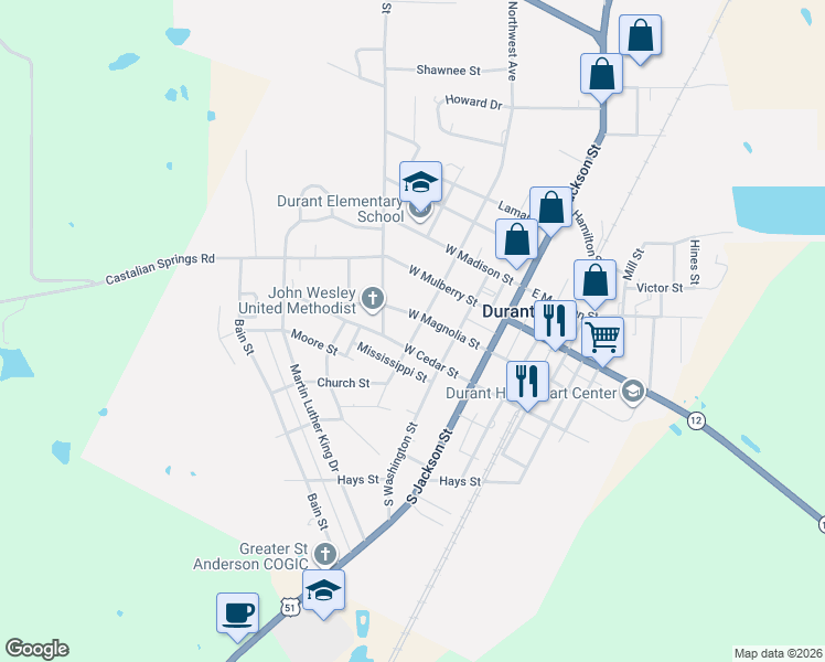 map of restaurants, bars, coffee shops, grocery stores, and more near 237 West Magnolia Street in Durant