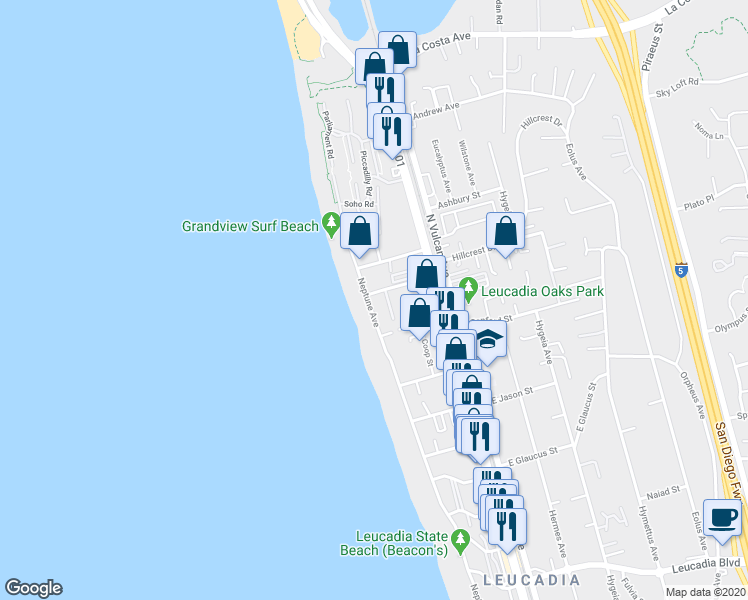 map of restaurants, bars, coffee shops, grocery stores, and more near 1569 Neptune Avenue in Encinitas