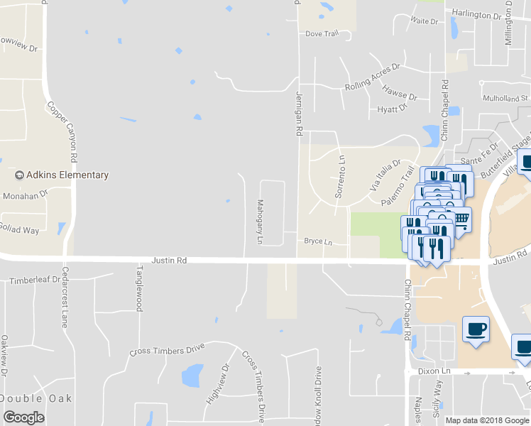 map of restaurants, bars, coffee shops, grocery stores, and more near 4544 Mahogany Lane in Lewisville