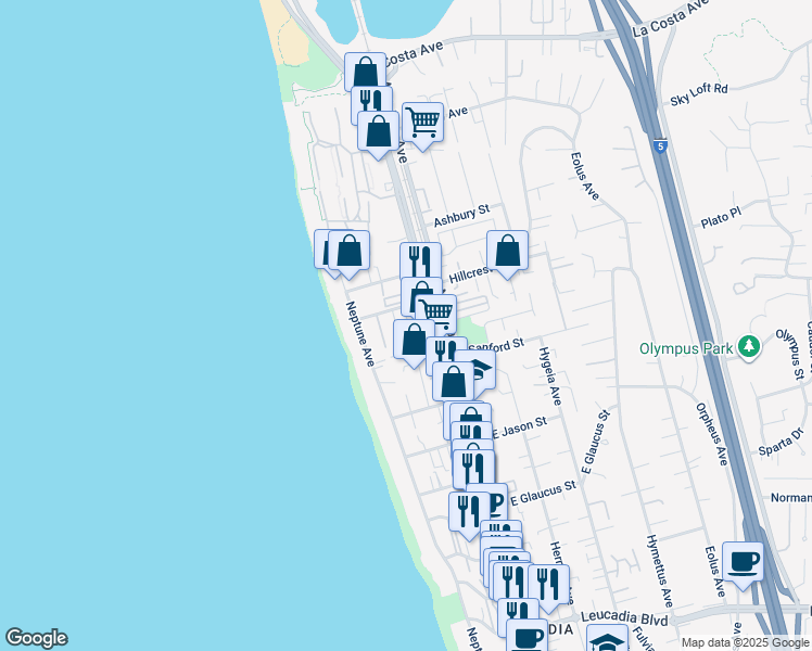 map of restaurants, bars, coffee shops, grocery stores, and more near 163 Avocado Street in Encinitas