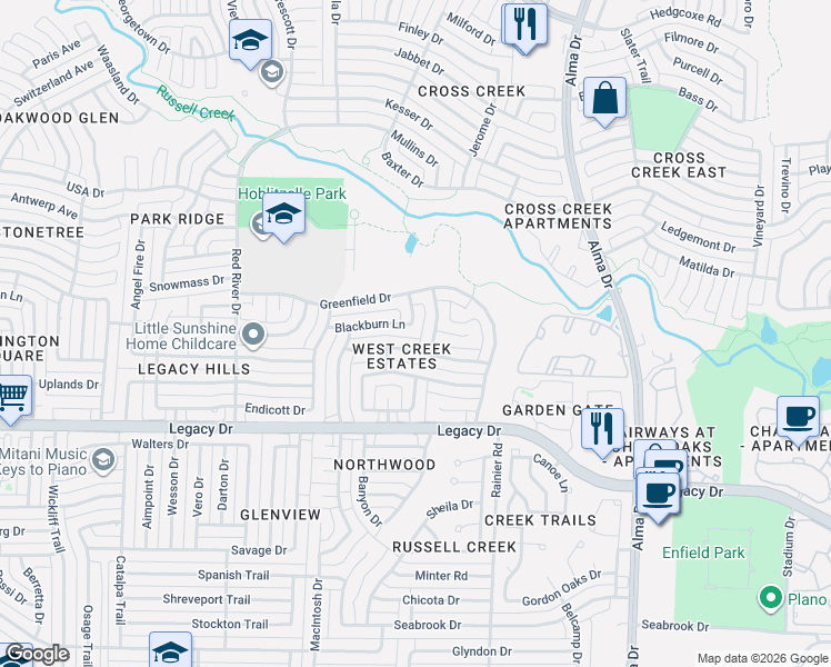 map of restaurants, bars, coffee shops, grocery stores, and more near 7301 Everett Lane in Plano