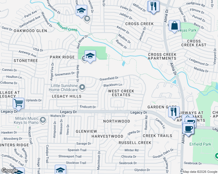 map of restaurants, bars, coffee shops, grocery stores, and more near 1425 Blackburn Lane in Plano
