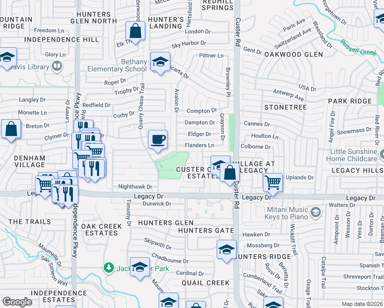 map of restaurants, bars, coffee shops, grocery stores, and more near 2320 Flanders Lane in Plano