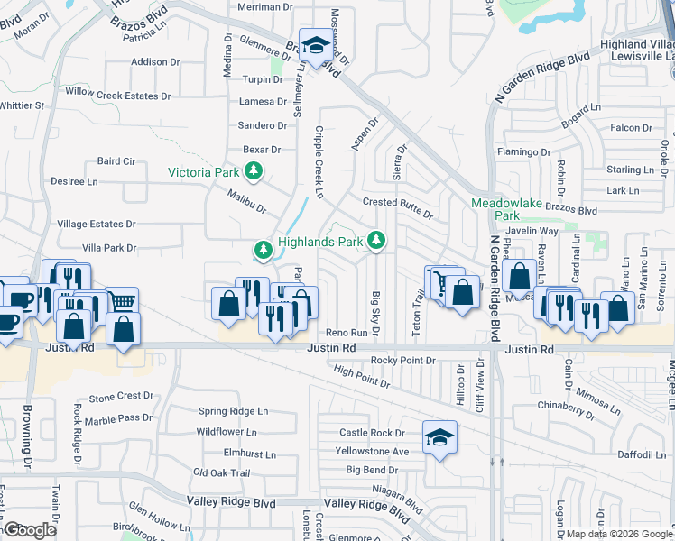 map of restaurants, bars, coffee shops, grocery stores, and more near 1933 Maxwell Drive in Lewisville