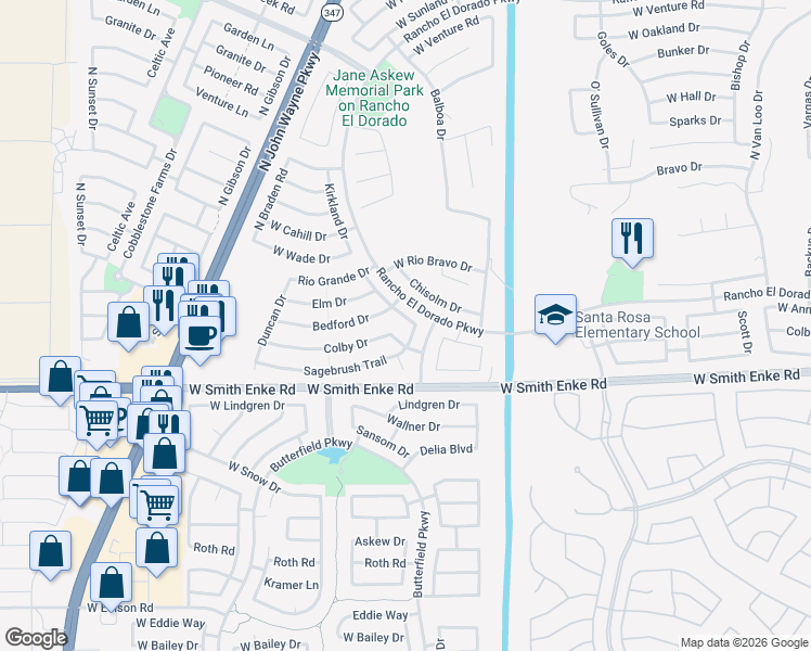 map of restaurants, bars, coffee shops, grocery stores, and more near 21326 Keystone Drive in Maricopa