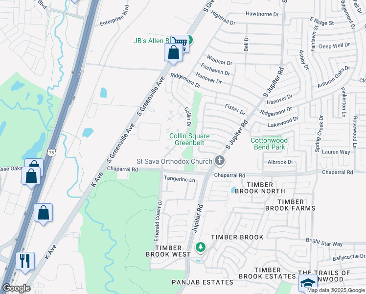 map of restaurants, bars, coffee shops, grocery stores, and more near 1517 Collin Drive in Allen