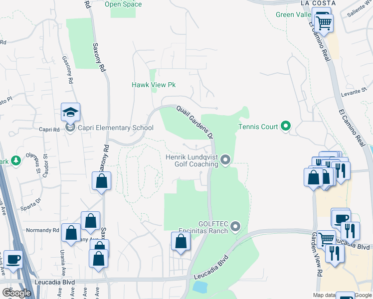 map of restaurants, bars, coffee shops, grocery stores, and more near 1369 Ranch Road in Encinitas