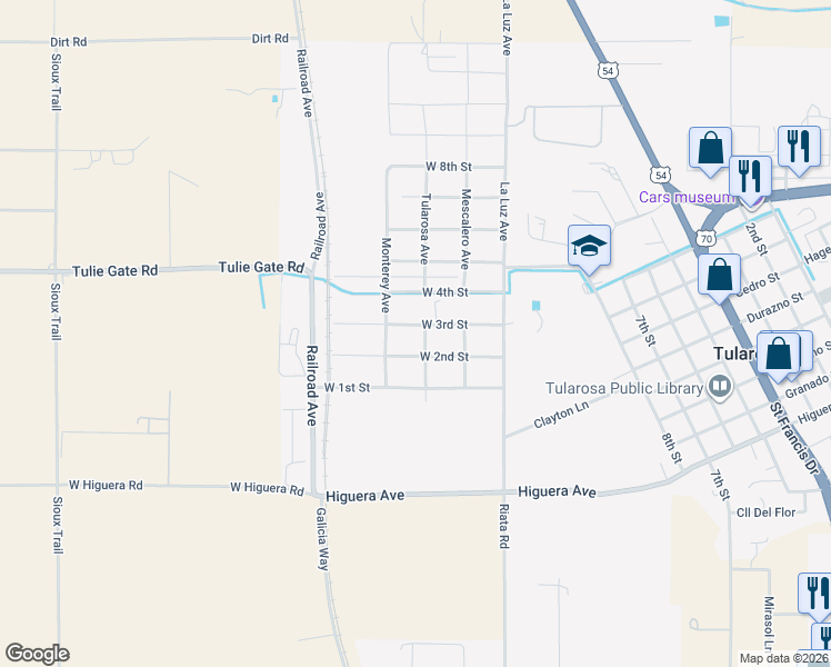map of restaurants, bars, coffee shops, grocery stores, and more near 1600-1604 W 3rd St in Tularosa