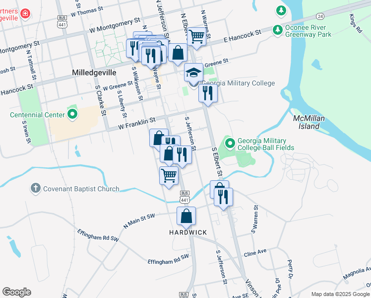 map of restaurants, bars, coffee shops, grocery stores, and more near 120 East Screven Street in Milledgeville