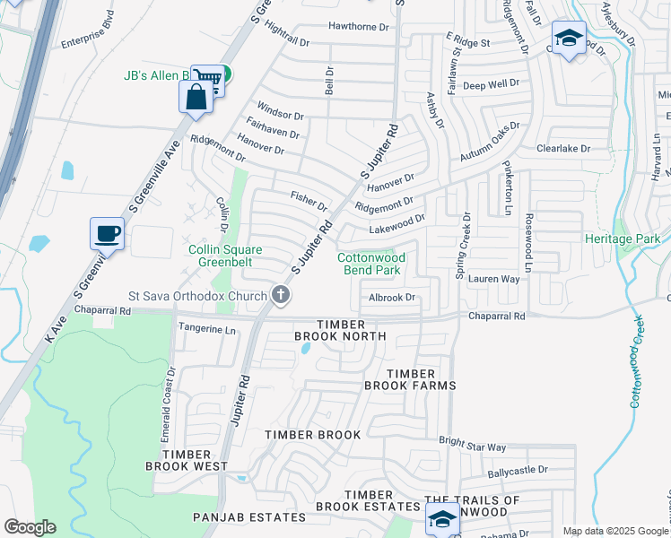 map of restaurants, bars, coffee shops, grocery stores, and more near 1500 South Jupiter Road in Allen