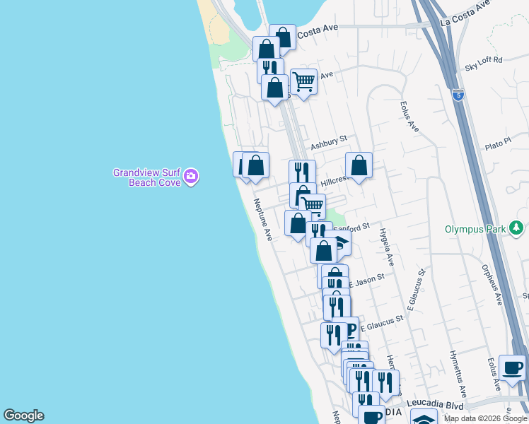 map of restaurants, bars, coffee shops, grocery stores, and more near 1577 Neptune Avenue in Encinitas