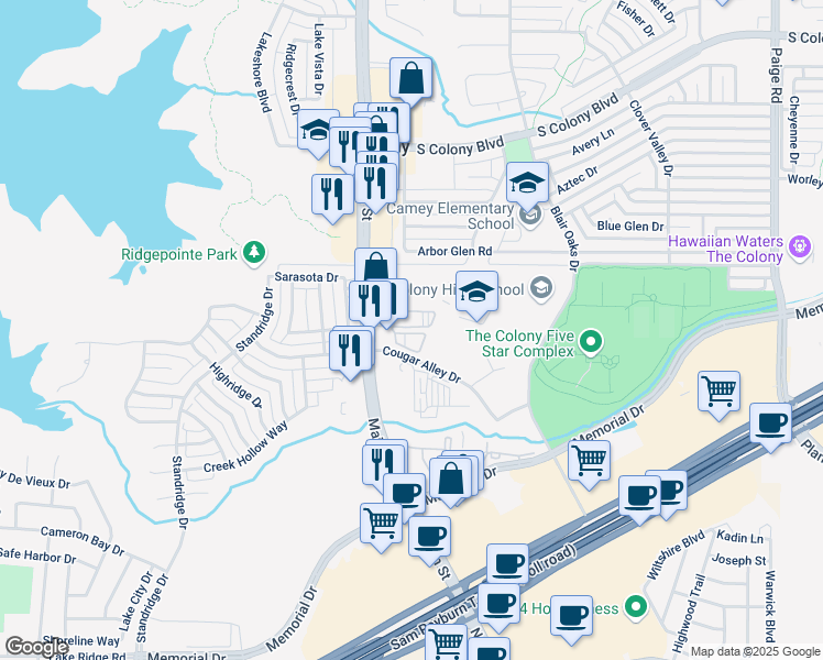 map of restaurants, bars, coffee shops, grocery stores, and more near 4316 Main Street in The Colony