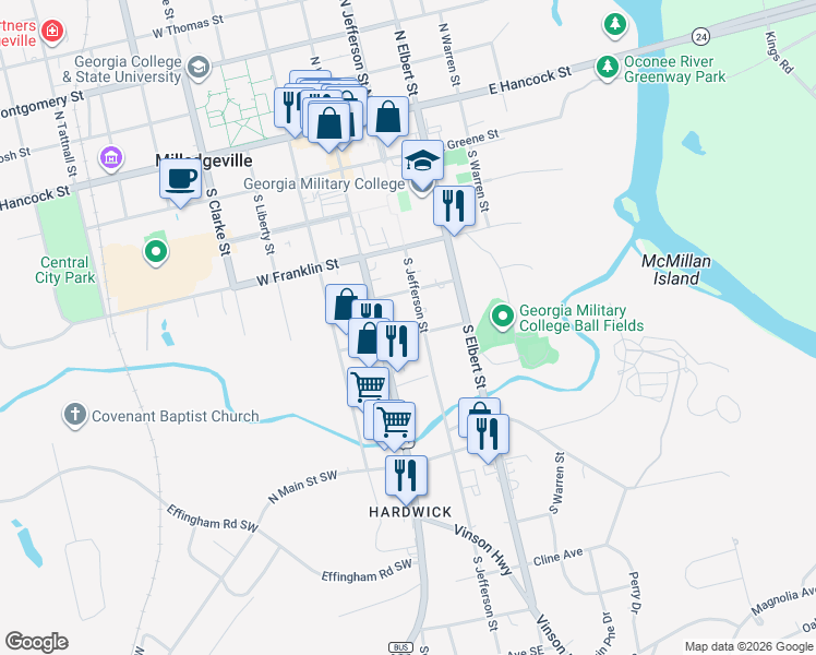 map of restaurants, bars, coffee shops, grocery stores, and more near 130 East Screven Street in Milledgeville