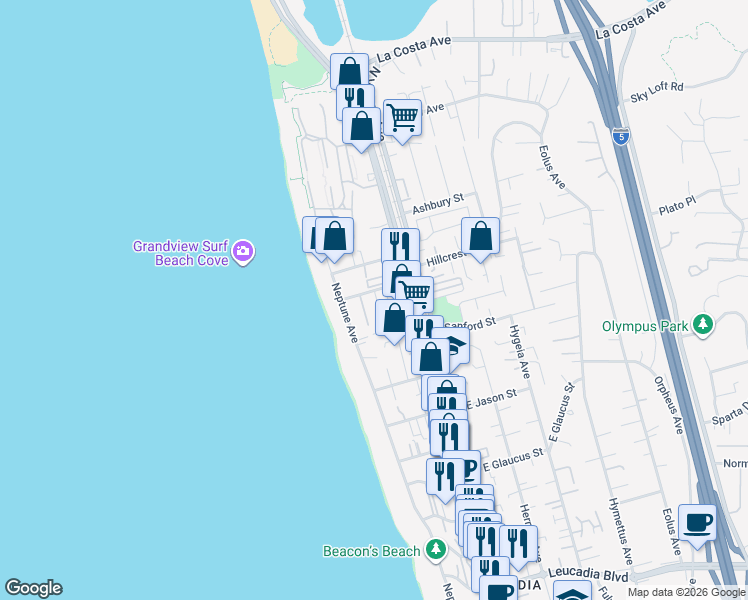 map of restaurants, bars, coffee shops, grocery stores, and more near 161 Avocado Street in Encinitas