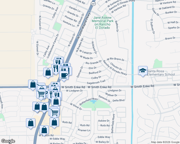 map of restaurants, bars, coffee shops, grocery stores, and more near 43767 Elm Drive in Maricopa