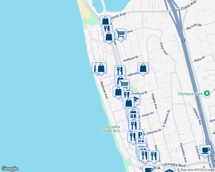 map of restaurants, bars, coffee shops, grocery stores, and more near 163 Avocado Street in Encinitas