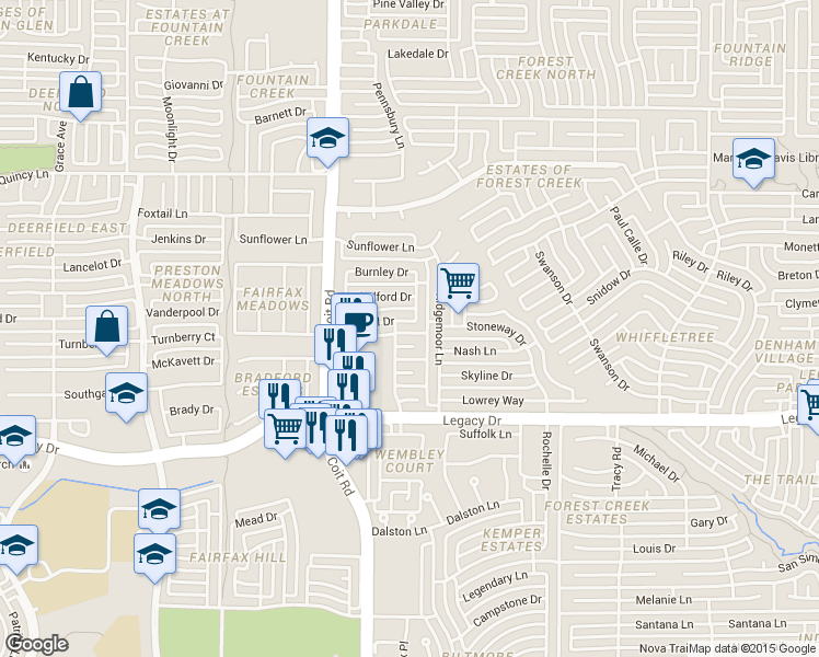 map of restaurants, bars, coffee shops, grocery stores, and more near 3917 Bexhill Drive in Plano