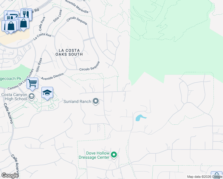 map of restaurants, bars, coffee shops, grocery stores, and more near 3140 Dusty Trail in Encinitas