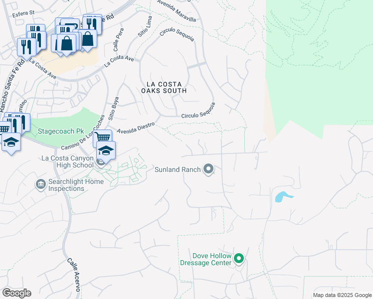 map of restaurants, bars, coffee shops, grocery stores, and more near 3839 Megan Lane in Encinitas