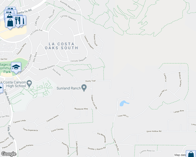 map of restaurants, bars, coffee shops, grocery stores, and more near 3140 Dusty Trail in Encinitas