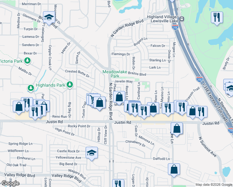 map of restaurants, bars, coffee shops, grocery stores, and more near 2025 Pheasant Drive in Lewisville